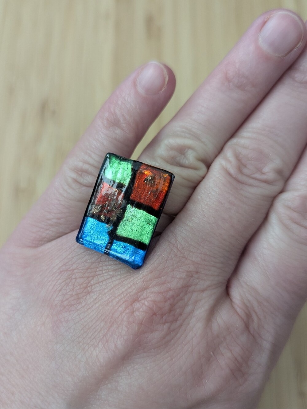 Funky Murano style multicolor artglass Mosaic Ring - Blue, Green, Red